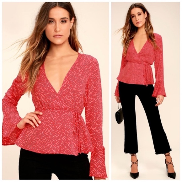 Lulu’s Red & White Polka Dot Love is Enough Wrap Top Blouse Small - Picture 2 of 11
